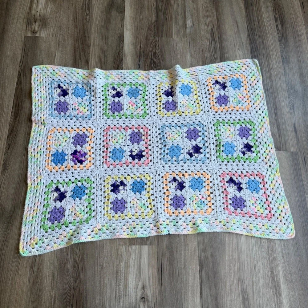 Handmade Crochet Granny Square Pastel Baby Blanket Vintage Patchwork Throw 33x42